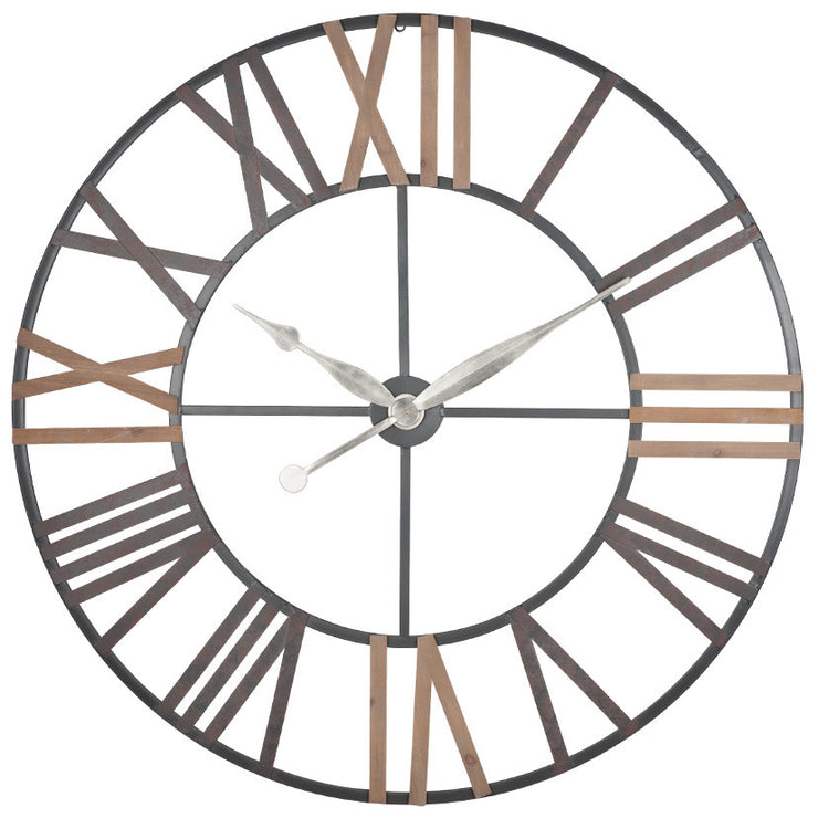 Antique Grey Metal & Wood Round Wall Clock