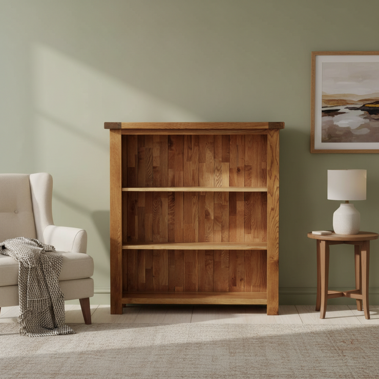 Deluxe Rustic Oak Low Wide Bookcase – A World of Furniture